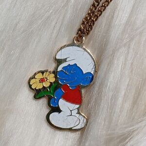 Vintage Bashful Smurf Necklace 1980 80s Jewelry The Smurfs Holding a Flower vtg